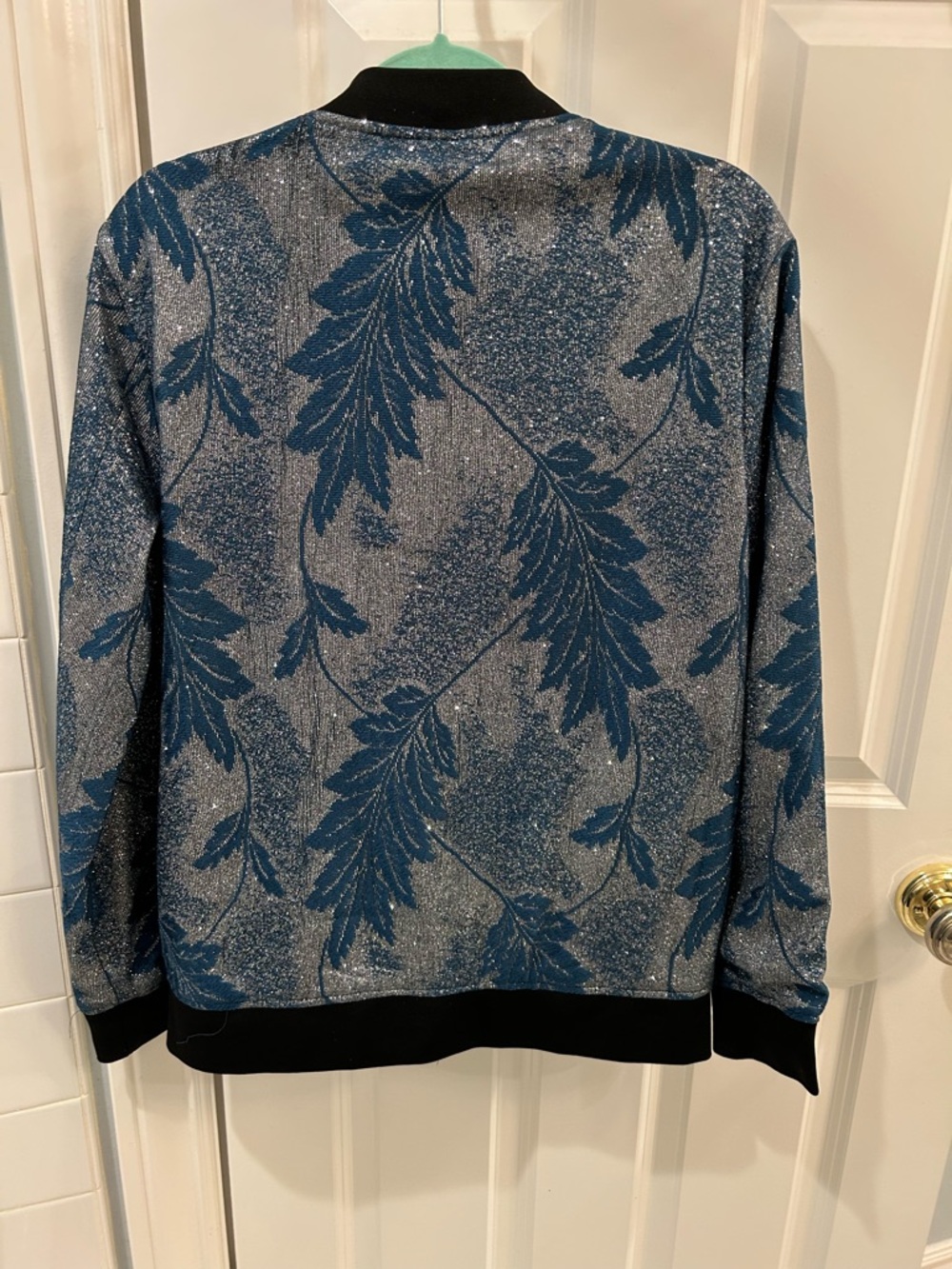 BARABAS Metallic Blue & Silver Floral Jacquard Bomber Zip Up Jacket - Size Small - Picture 9 of 12